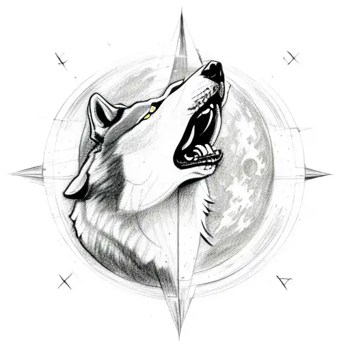 A Black And White Sketch Of A Wolf Howling At The Moon With A Compass Rose And Travel Coordinates