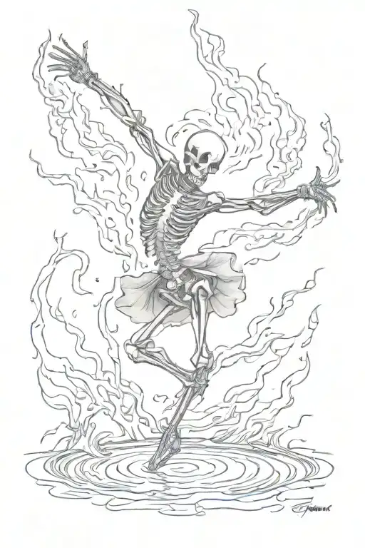 Skeleton Twirling Like A Balerina Admist Water With Head On Fire