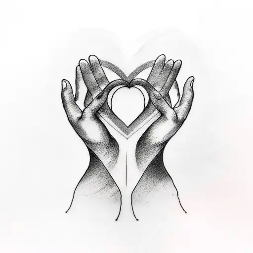 A Minimalist Tattoo Of Two Hands Forming A Heart Shape With Rays Of Sun Shining Through