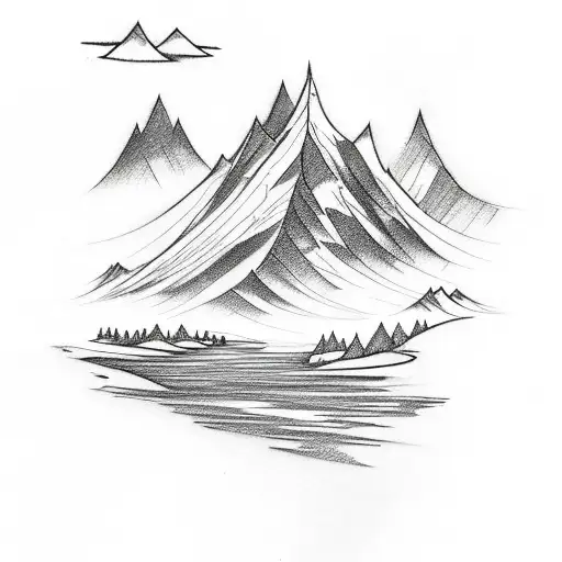 A Sketch Style Tattoo Of A Mountain In The Background Of A River Running Through A Valley
