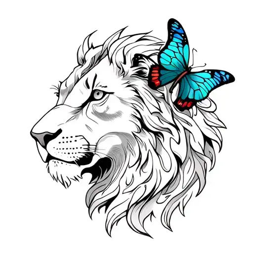 Half Lioness Head With Cross And Butterfly In Color