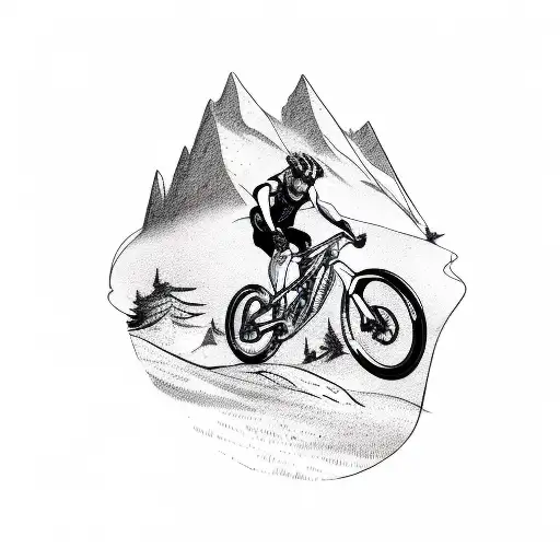 A Sketch Style Tattoo Of A Mountain Biker Conquering A Challenging Trail