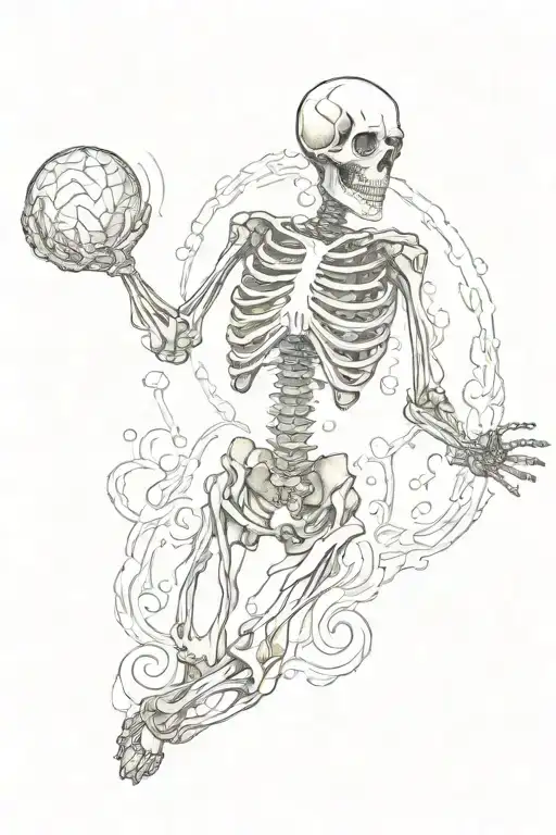 Skeleton Twirling Admist Water And Head Is Firey