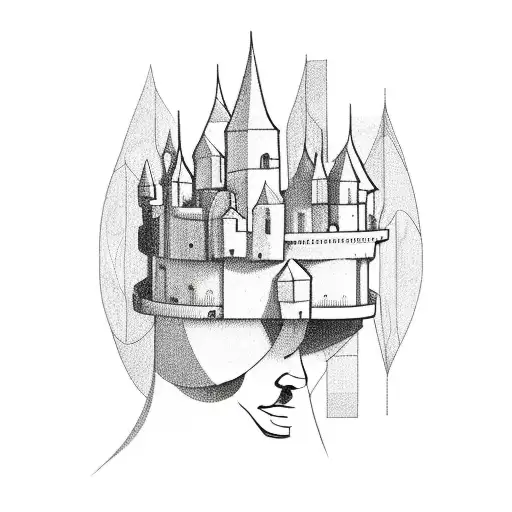 Abstract Head Made By Dots And Lines And A Castle In The Back