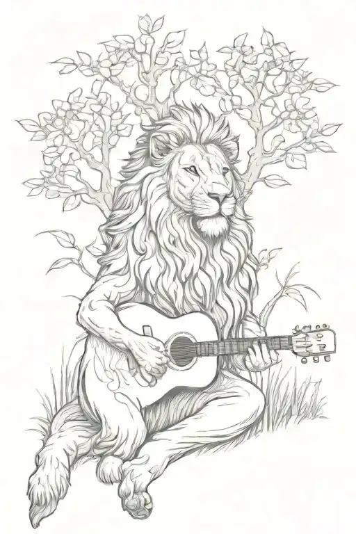 A Lion Meditating Under A Tree With A Guitar Beside It