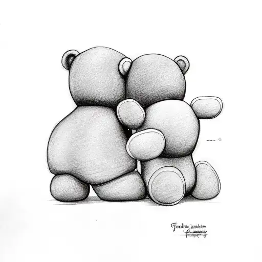 Two Cartoon Sketch Teddy Bears Cuddling Bigger One Is A Dad Little One Is A Daughter