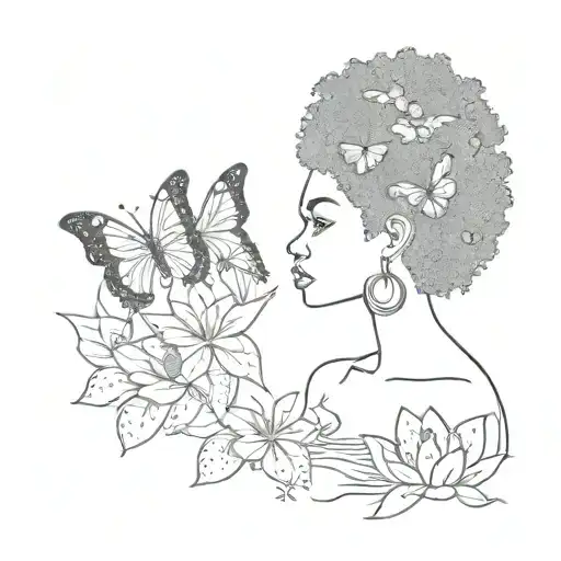 Outline Of A Black Woman With A Afro Looking Towards The Left With Lotus Flower And Butterflies