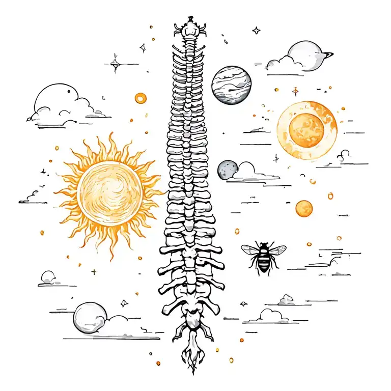 Indie Spine Tattoo With Sun And A Bee And Planet