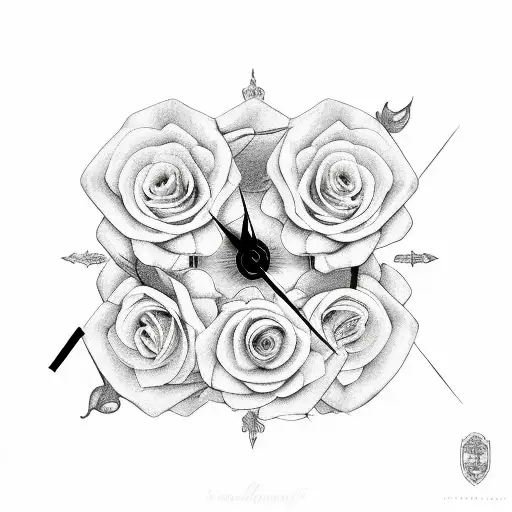 Two Roses With Clock In Middle