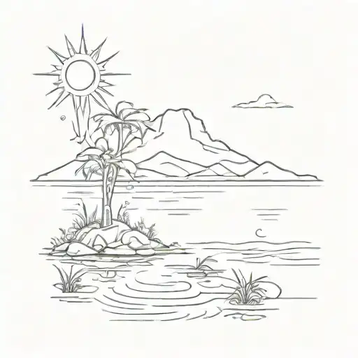 Sketch A Tattoo Design Of A Serene Lake Scene With The Philippine Sun Star Shining In The Sky