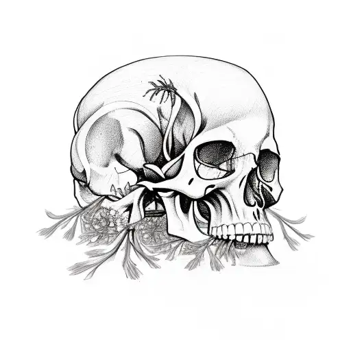 A Surreal Landscape Of Dead Flowers Growing Out Of A Human Skull