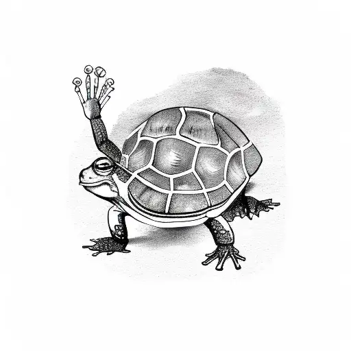 Rear View Of Cartoonish Turtle And Frog Holding Hands