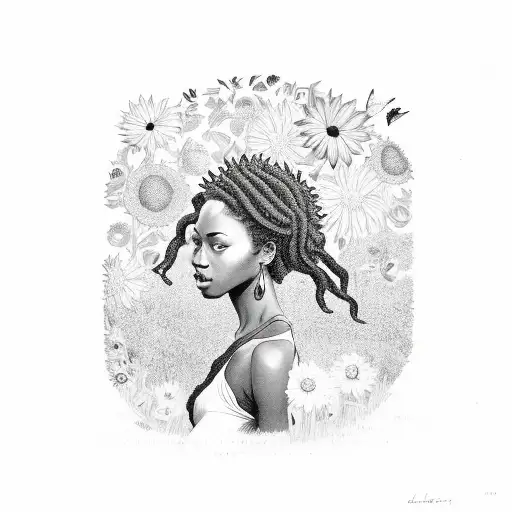 Black Girl With Locs And Crown In A Field Of Sunflowers And Butterflies