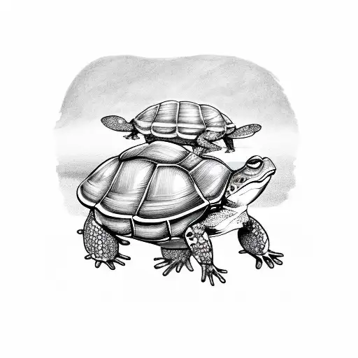 Rear View Of Cartoonish Turtle And Frog Holding Hands With Each Other Walking Off Into The Distance