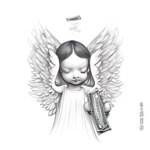 An Angel With Its Eyes Covered With A Bag Of Cash With The World In Its Hand