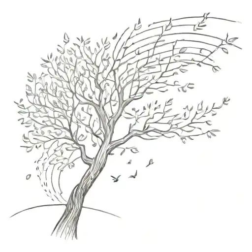 A Sketch Tattoo Of A Tree Blowing In The Wind With Binary Code Leaves
