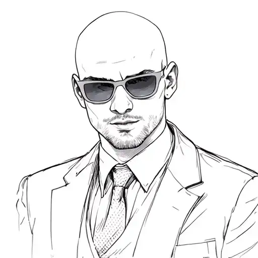 Bald Young Guy Of Slavic Appearance In Sunglasses And A Full-length Business Suit