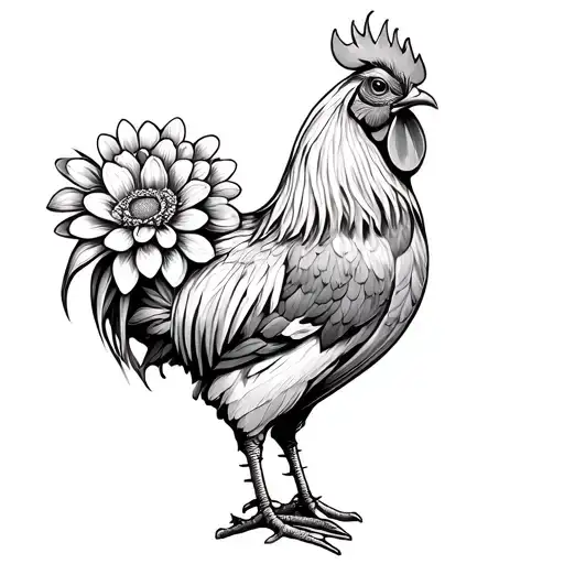 Rooster With Chrysanthemum Flower