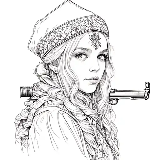 Russian Girl In A Kokoshnik With A Machine Gun