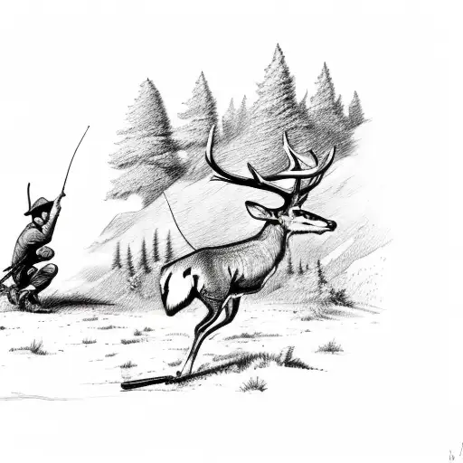 A Detailed Sketch Of A Hunting Scene With A Hunter Aiming His Bow At A Deer In A Forest