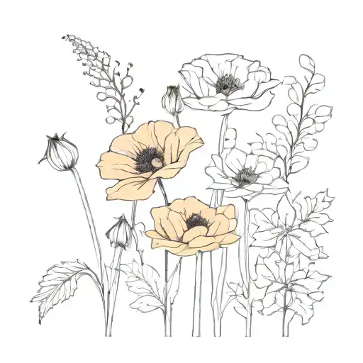 Minimal Single Row Flowers In Line Poppy Rose And Snow Drop