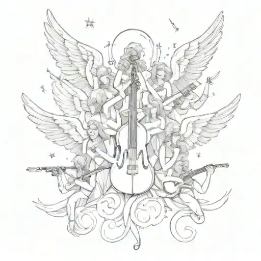 A Celestial Choir Of Angels Singing In Harmony With Music Instruments Incorporated Into Their Wings