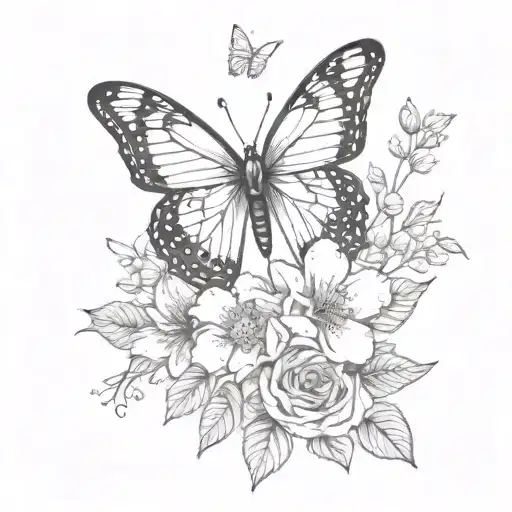 Sketch Of A Butterfly Tattoo With A Small Flower Arrangement In Black And White Colors