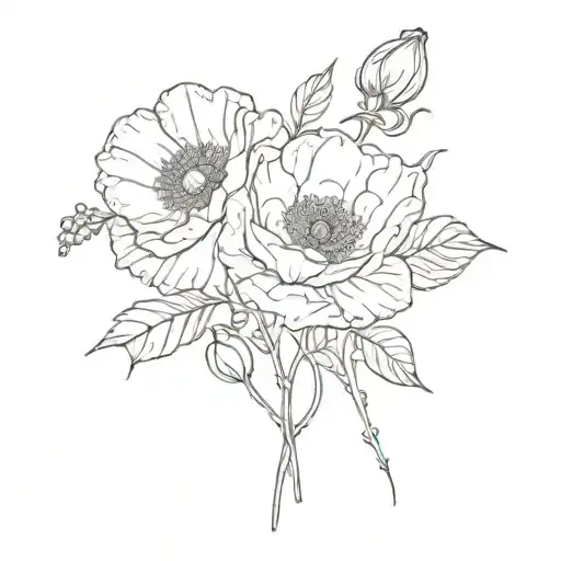 Minimal Line Art Birth Flower Poppy Snow Drop And Rose Flowers