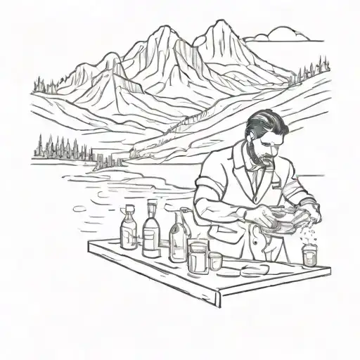 A Sketch Style Tattoo Of A Bartender Mixing Drinks In A Mountain Landscape