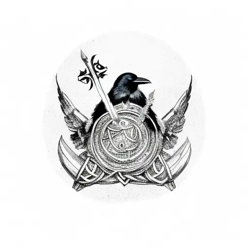 Raven Perched On A Viking Shield Adorned With Ancient Runes