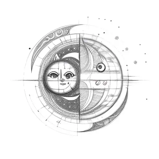 A Sketch-style Design Of A Sun And Moon With Musical Notes Swirling Around Them