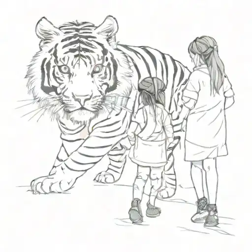 Little Girl And A Tiger Walking