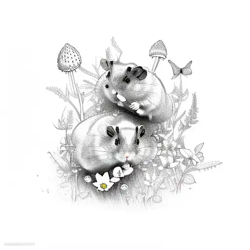 Two Hamsters Exploring A Mystical Forest With Flowers And Butterflies