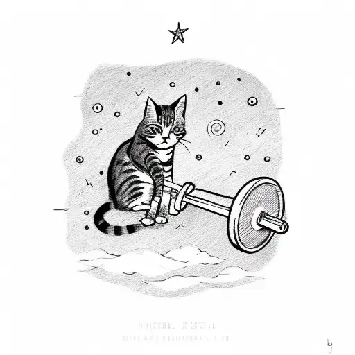 Romantic Scene Of A Cat And A Barbell Under A Starry Sky