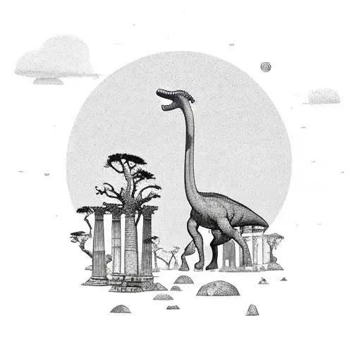 A Brontosaurus Silhouette With Ancient Ruins In The Background