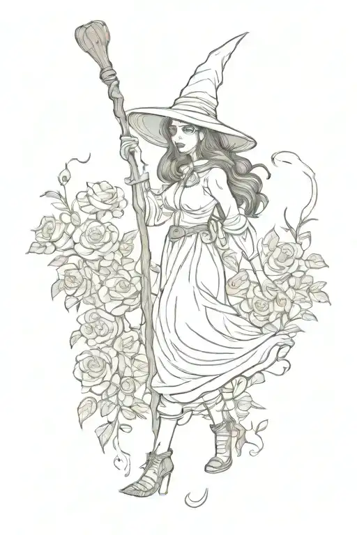 Witch With A Broom Among Roses Growing