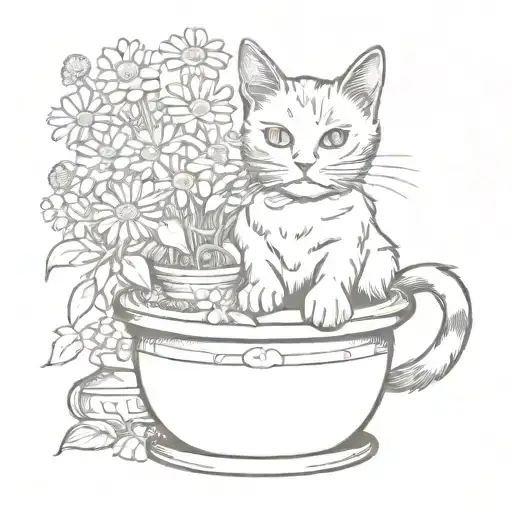 Tuxedo Cat In A Flower Pot Of Daisies