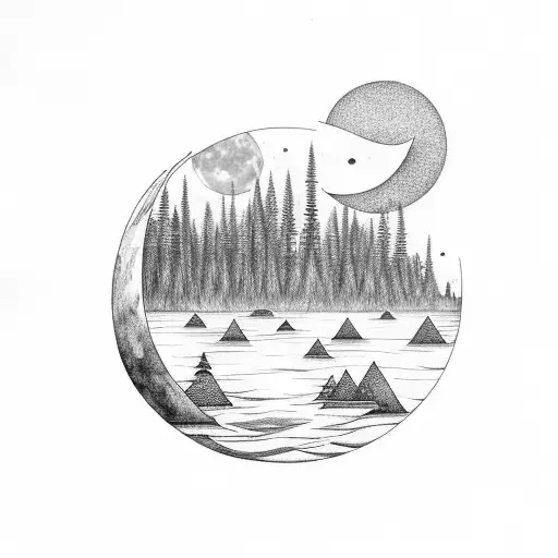 Forest With Lake With Moon With Wolf With Starry Sky