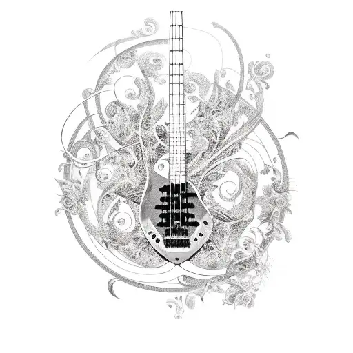 A Bass Guitar Made Out Of Musical Notes And Surrounded By Intricate Floral Patterns