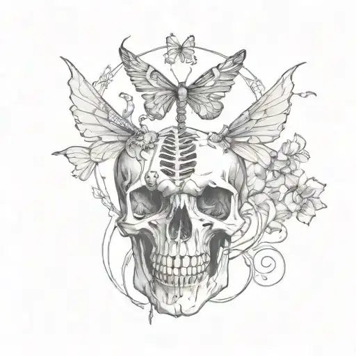 Skeleton Spine Tattoo With Butterfly's Coming Up The Spine Around The Skeleton