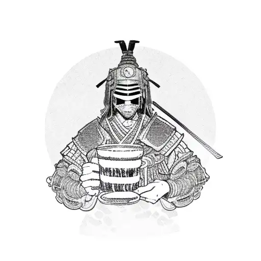 Samurai Warrior Slurping Ramen Noodles In A Cyberpunk Cityscape