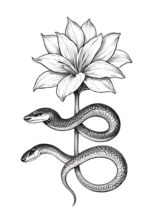 Royal Ponciana With A Black Mamba Under The Flower Coiling On The Stem