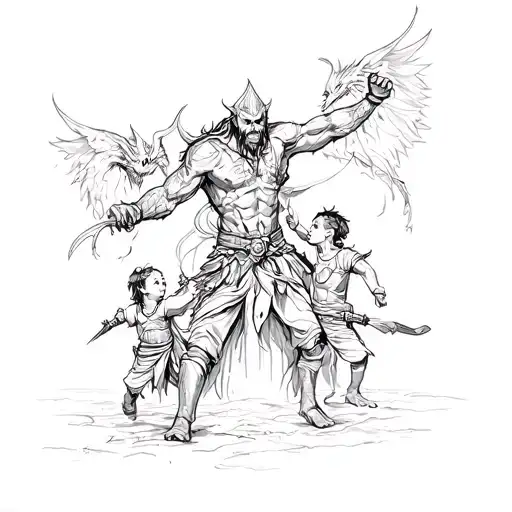 Warrior With Kids Fighting Demons