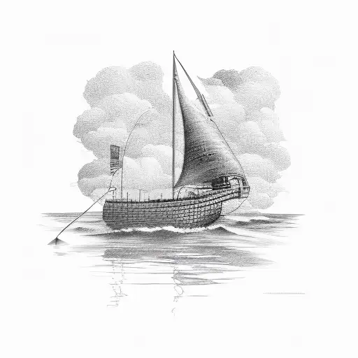 A Detailed Sketch Of A Fishing Boat Sailing On Calm Waters