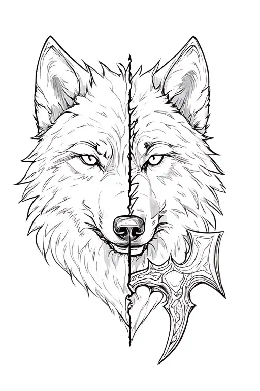 An Axe Which Is Split Down The Middle And The Other Half Is The Face Of A Wolf