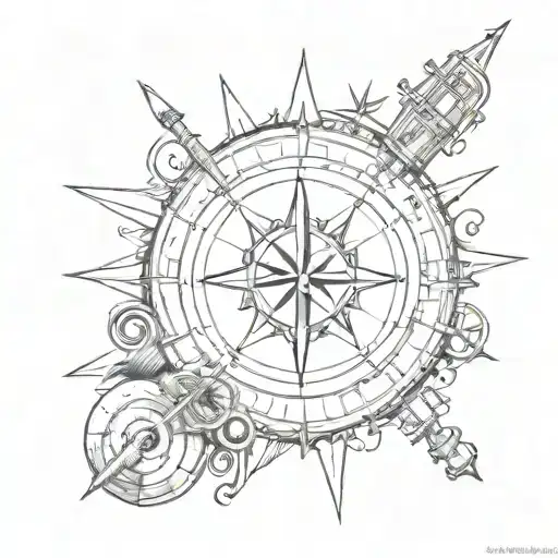 A Sketch Style Tattoo Of A Compass Rose With Musical Instruments Incorporated Into The Design