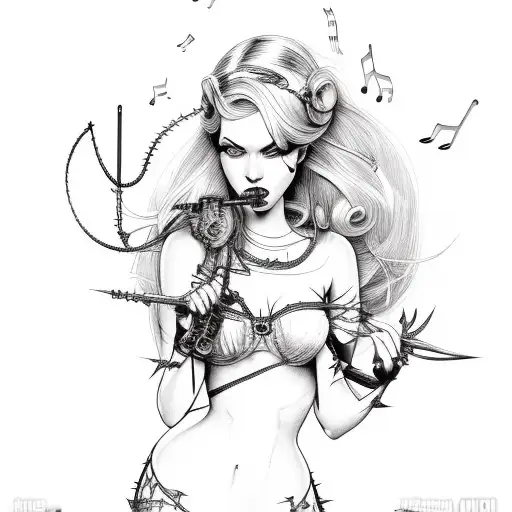 Music With Rose & Thorns Pin Up Girl Barb Wire
