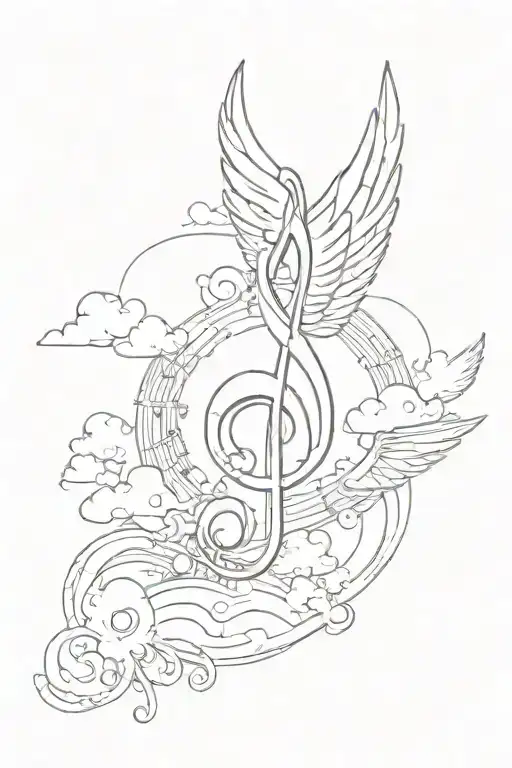 Music Note With Wings And Clouds Surrounding
