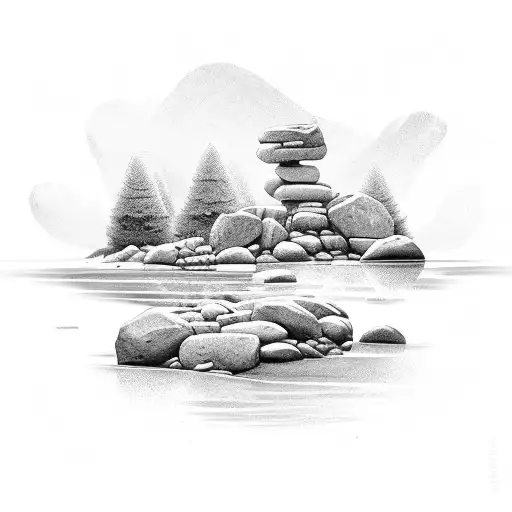 Black And White Comic-style Illustration Of Stepping Stones Across A River Or A Challenging Terr