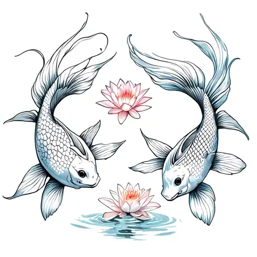 2 Koi Fish Long Flowing Tails With Fresh Water Lily Flowers Amd Leaves